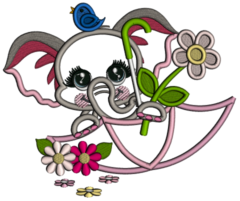 Cute Little Elephant Inside An Umbrella Applique Machine Embroidery Design Digitized Pattern
