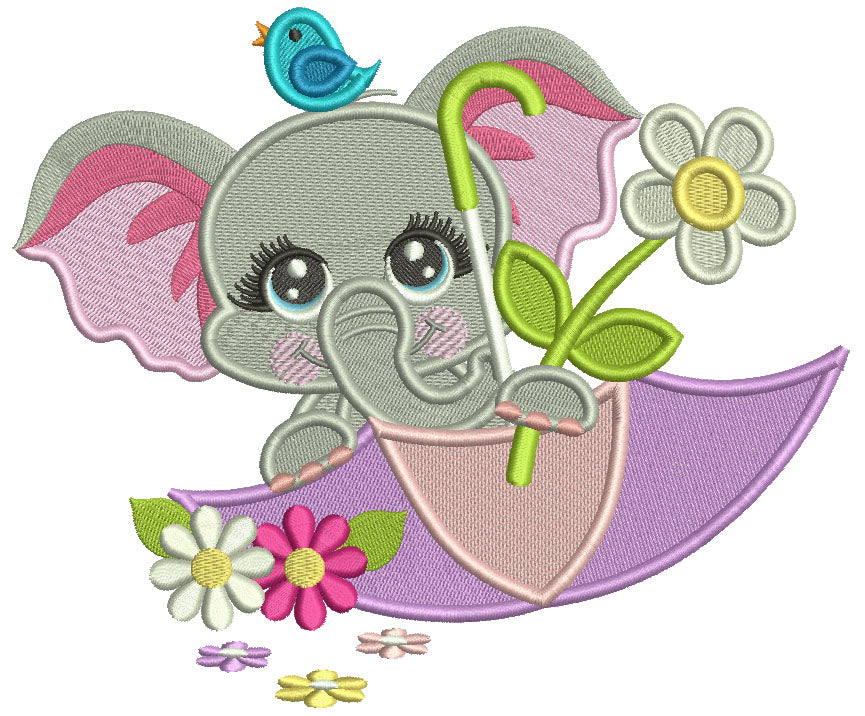 Cute Little Elephant Inside An Umbrella Filled Machine Embroidery Design Digitized Pattern