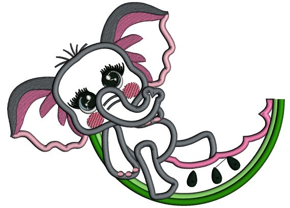 Cute Little Elephant Sitting On a Slice Of Watermelon Applique Machine Embroidery Design Digitized Pattern