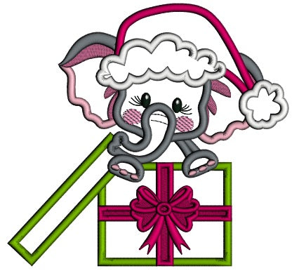 Cute Little Elephant Wearing Santa's Hat Sitting Inside Gift Box Applique Machine Embroidery Design Digitized Pattern