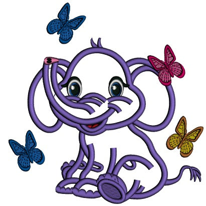 Cute Little Elephant With Butterflies Applique Machine Embroidery Design Digitized Pattern