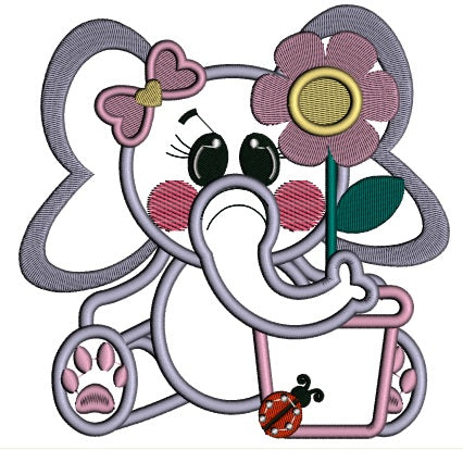 Cute Little Elephant With a Flower Pot Applique Machine Embroidery Design Digitized Pattern