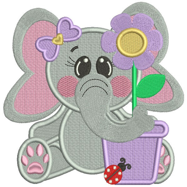 Cute Little Elephant With a Flower Pot Filled Machine Embroidery Design Digitized Pattern