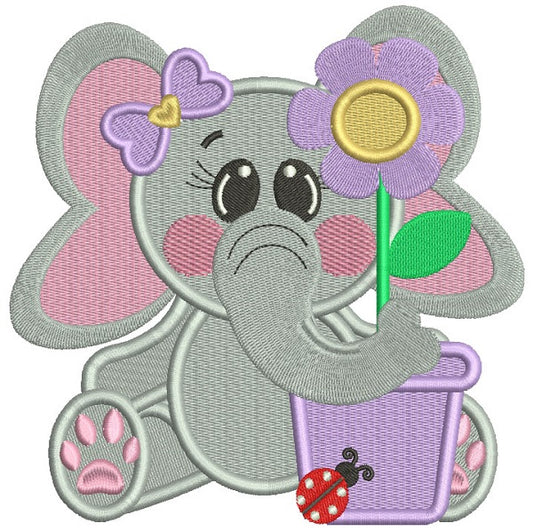 Cute Little Elephant With a Flower Pot Filled Machine Embroidery Design Digitized Pattern