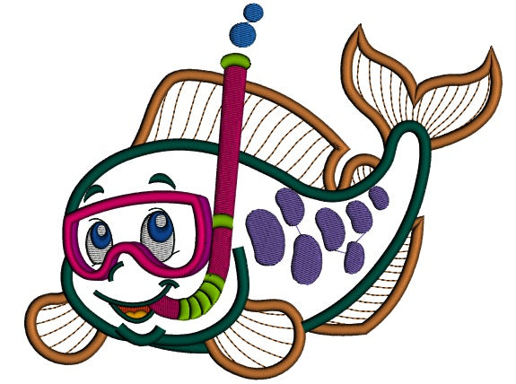 Cute Little Fish Diver Wearing Snorkeling Gear Applique Machine Embroidery Design Digitized Pattern