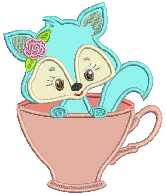 Cute Little Fox Sitting Inside Cup Applique Machine Embroidery Design Digitized Pattern