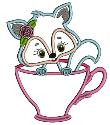 Cute Little Fox Sitting Inside Cup Applique Machine Embroidery Design Digitized Pattern