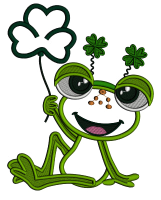 Cute Little Frog Holding Big Shamrock St. Patrick's Day Applique Machine Embroidery Design Digitized Pattern