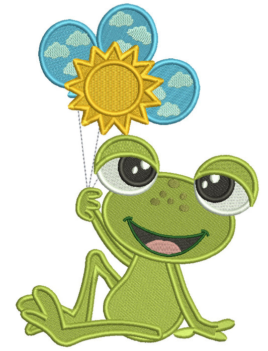 Cute Little Frog Holding Three Balloons Filled Machine Embroidery Design Digitized Pattern