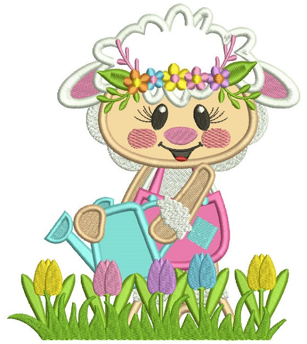 Cute Little Gardner Lamb Watering Flowers Applique Machine Embroidery Design Digitized Pattern