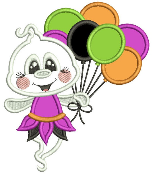 Cute Little Ghost Holding Balloons Halloween Applique Machine Embroidery Design Digitized Pattern