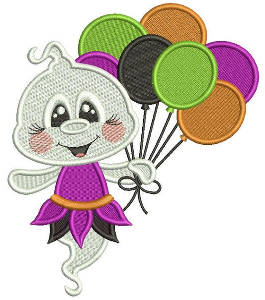 Cute Little Ghost Holding Balloons Halloween Filled Machine Embroidery Design Digitized Pattern
