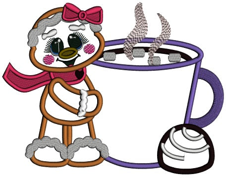 Cute Little Gingerbread Girl Standing Next To Hot Cocoa Christmas Applique Machine Embroidery Design Digitized Pattern