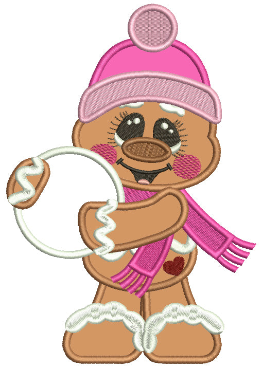 Cute Little Gingerbread Man With Snowball Applique Christmas Machine Embroidery Design Digitized Pattern