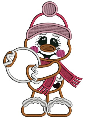 Cute Little Gingerbread Man With Snowball Applique Christmas Machine Embroidery Design Digitized Pattern