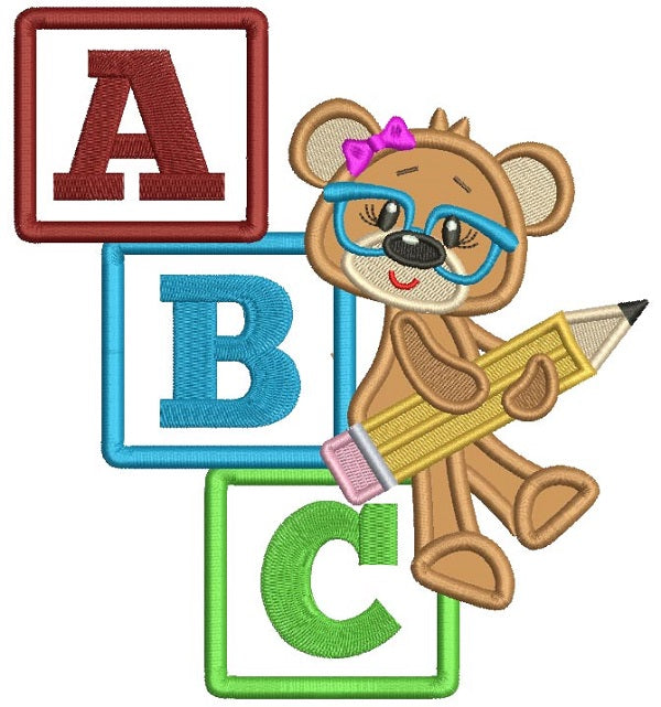 Cute Little Girl Bear Holding a Pencil School Applique Machine Embroidery Design Digitized Pattern