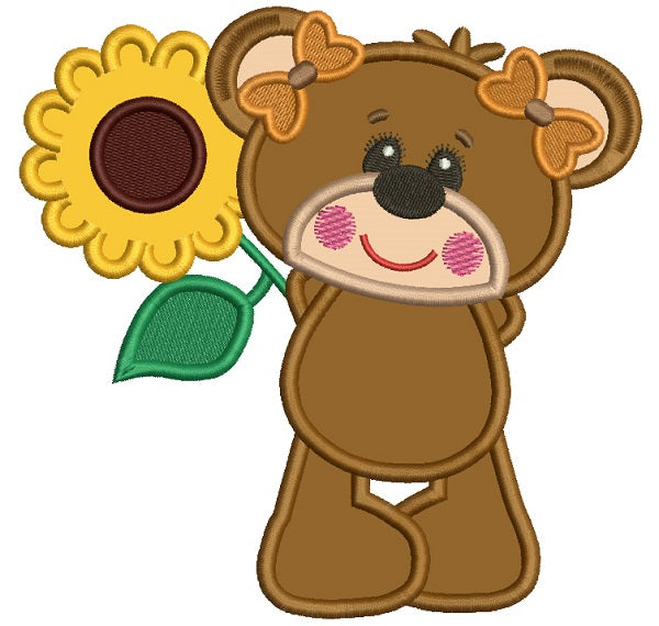 Cute Little Girl Bear Holding a Sunflower Applique Machine Embroidery Design Digitized Pattern