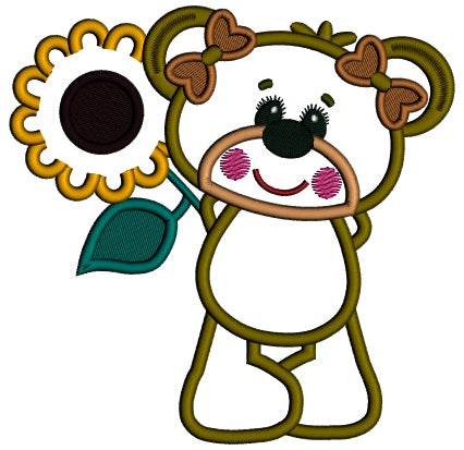 Cute Little Girl Bear Holding a Sunflower Applique Machine Embroidery Design Digitized Pattern