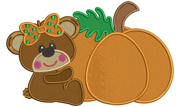 Cute Little Girl Bear Next To Big Pumpkin Thanksgiving Filled Machine Embroidery Design Digitized Pattern