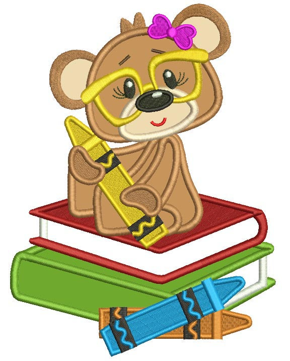 Cute Little Girl Bear Sitting On School Books Applique Machine Embroidery Design Digitized Pattern