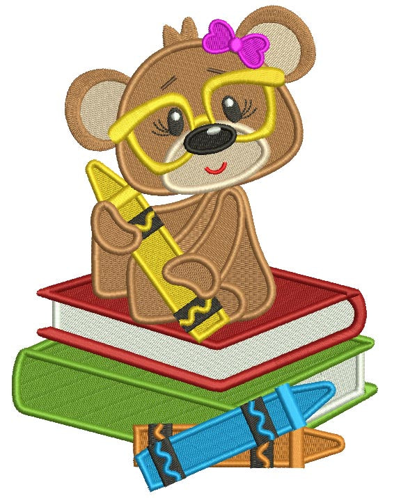 Cute Little Girl Bear Sitting On School Books Filled Machine Embroidery Design Digitized Pattern