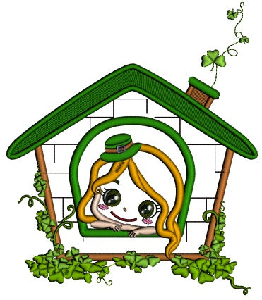 Cute Little Girl Inside a House St. Patrick's Day Applique Machine Embroidery Design Digitized Pattern