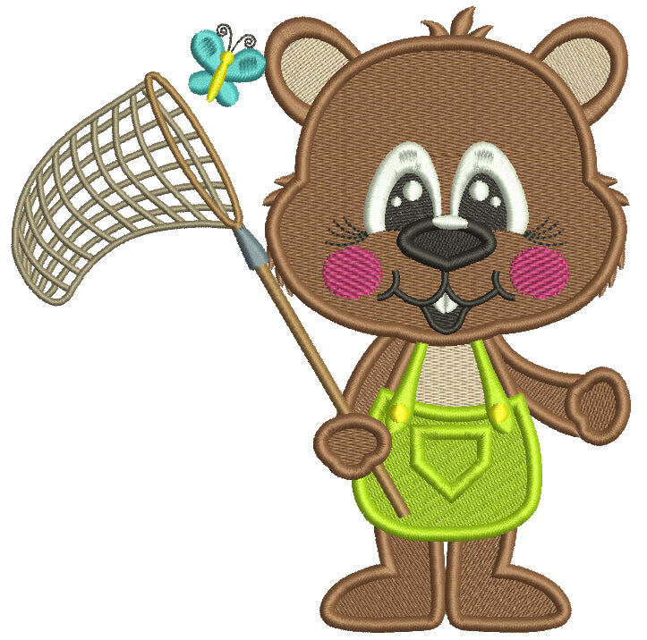 Cute Little Groundhog Catching Butterflies Filled Machine Embroidery Design Digitized Pattern