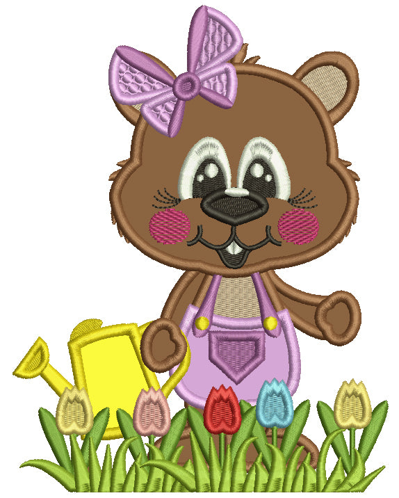 Cute Little Groundhog Gardner Wearing a Big Bow Applique Machine Embroidery Design Digitized Pattern