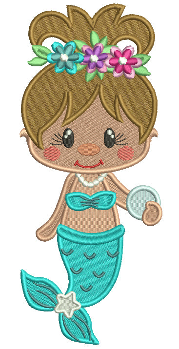 Cute Little Hawaiian Mermaid Filled Machine Embroidery Design Digitized