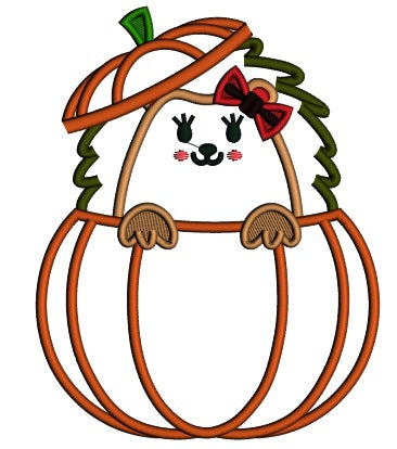 Cute Little Hedgehog Sitting Inside a Pumpkin Thanksgiving Applique Machine Embroidery Design Digitized Pattern