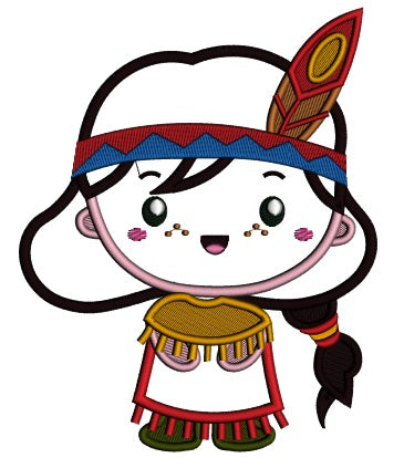 Cute Little Indian Girl With Big Feather Thanksgiving Applique Machine Embroidery Design Digitized Pattern