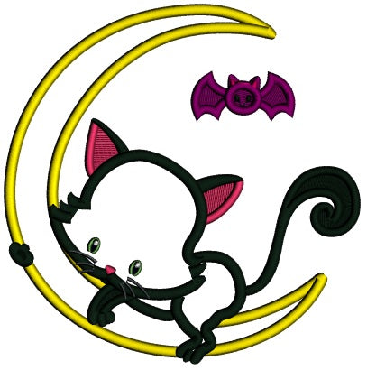 Cute Little Kitten On The Moon With a Bat Applique Halloween Machine Embroidery Design Digitized Pattern