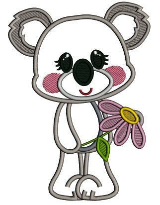 Cute Little Koala Holding a Flower Applique Machine Embroidery Digitized Design Pattern