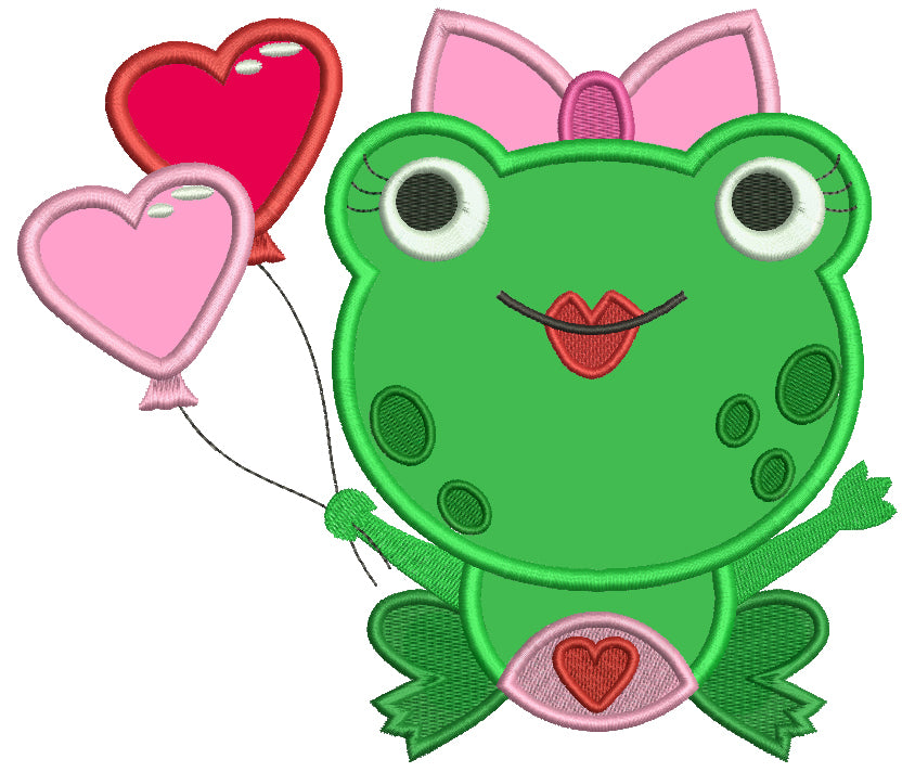 Cute Little Lady Frog With Heart Shaped Balloons Applique Machine Embroidery Digitized Design Pattern