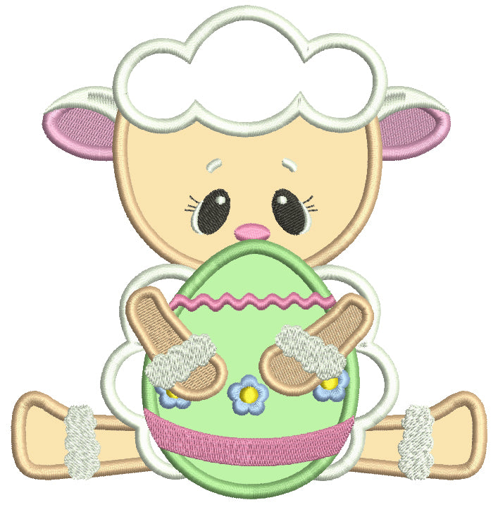 Cute Little Lamb Holding Easter Egg Applique Machine Embroidery Design Digitized