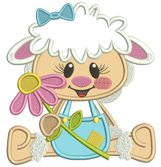 Cute Little Lamb Holding Flower Easter Applique Machine Embroidery Design Digitized Pattern