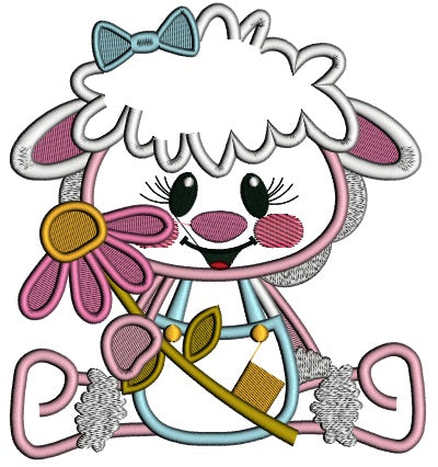 Cute Little Lamb Holding Flower Easter Applique Machine Embroidery Design Digitized Pattern