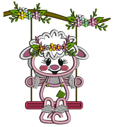 Cute Little Lamb Sitting On A Swing With Flowers Applique Machine Embroidery Design Digitized Pattern