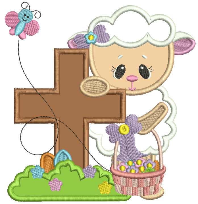Cute Little Lamb Standing Next To Cross Easter Applique Machine Embroidery Design Digitized