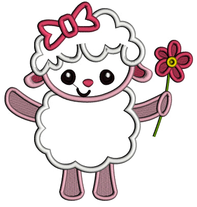 Cute Little Lamb With a Flower Easter Applique Machine Embroidery Design Digitized Pattern