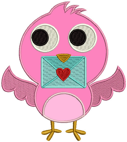 Cute Little Love Bird Holding an Envelope Applique Machine Embroidery Design Digitized Pattern