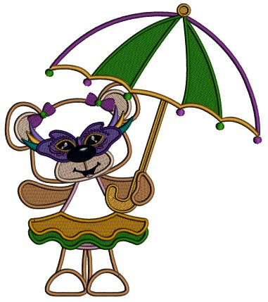 Cute Little Mardi Grass Girl Bear Holding Umbrella Applique Machine Embroidery Design Digitized Pattern