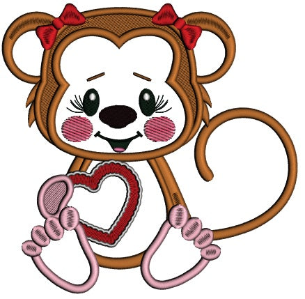 Cute Little Monkey With a Big Heart Applique Machine Embroidery Design Digitized Pattern
