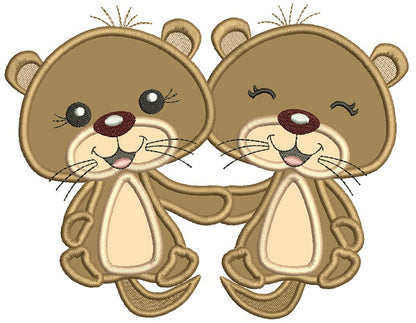 Cute Little Otters Holding Hands Applique Machine Embroidery Design Digitized Pattern