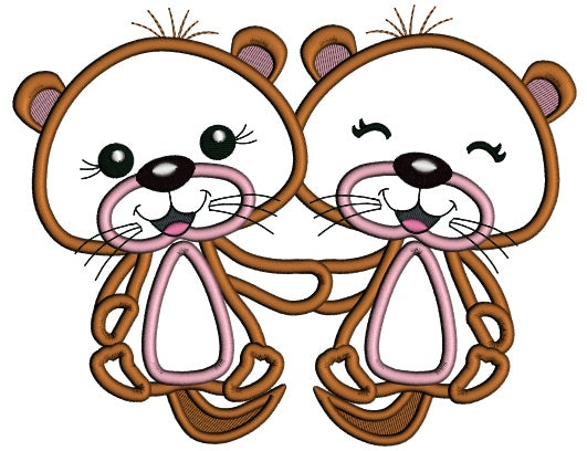 Cute Little Otters Holding Hands Applique Machine Embroidery Design Digitized Pattern