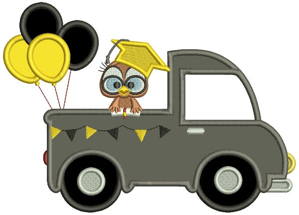 Cute Little Owl Graduate With Balloons Applique Machine Embroidery Design Digitized Pattern