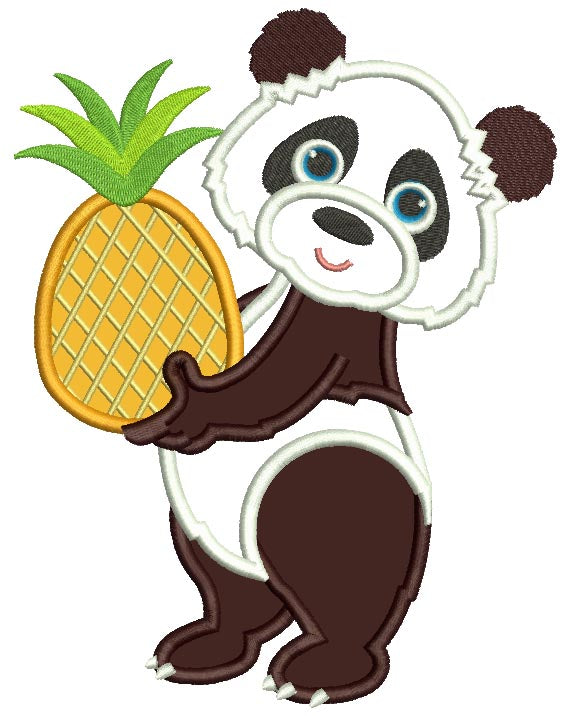 Cute Little Panda Holding a Pinaple Applique Machine Embroidery Design Digitized Pattern