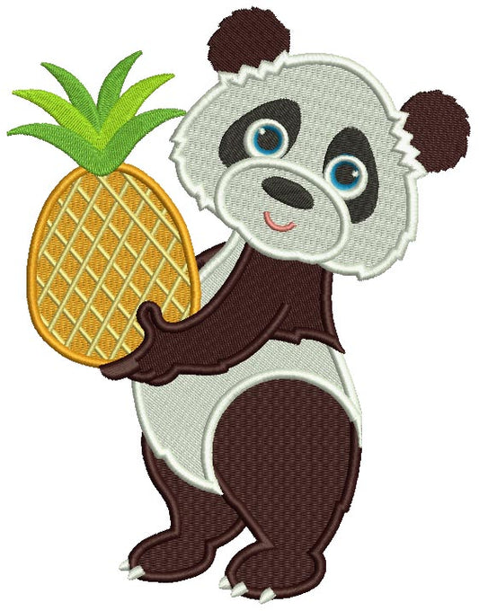 Cute Little Panda Holding a Pinaple Filled Machine Embroidery Design Digitized Pattern