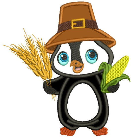 Cute Little Penguin Harvest Thanksgiving Applique Machine Embroidery Design Digitized Pattern