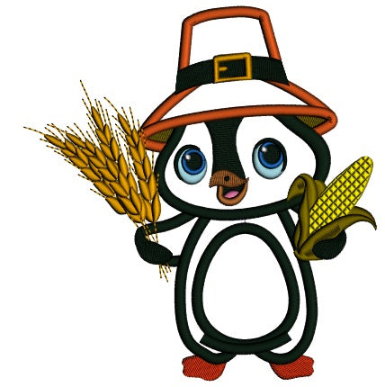 Cute Little Penguin Harvest Thanksgiving Applique Machine Embroidery Design Digitized Pattern